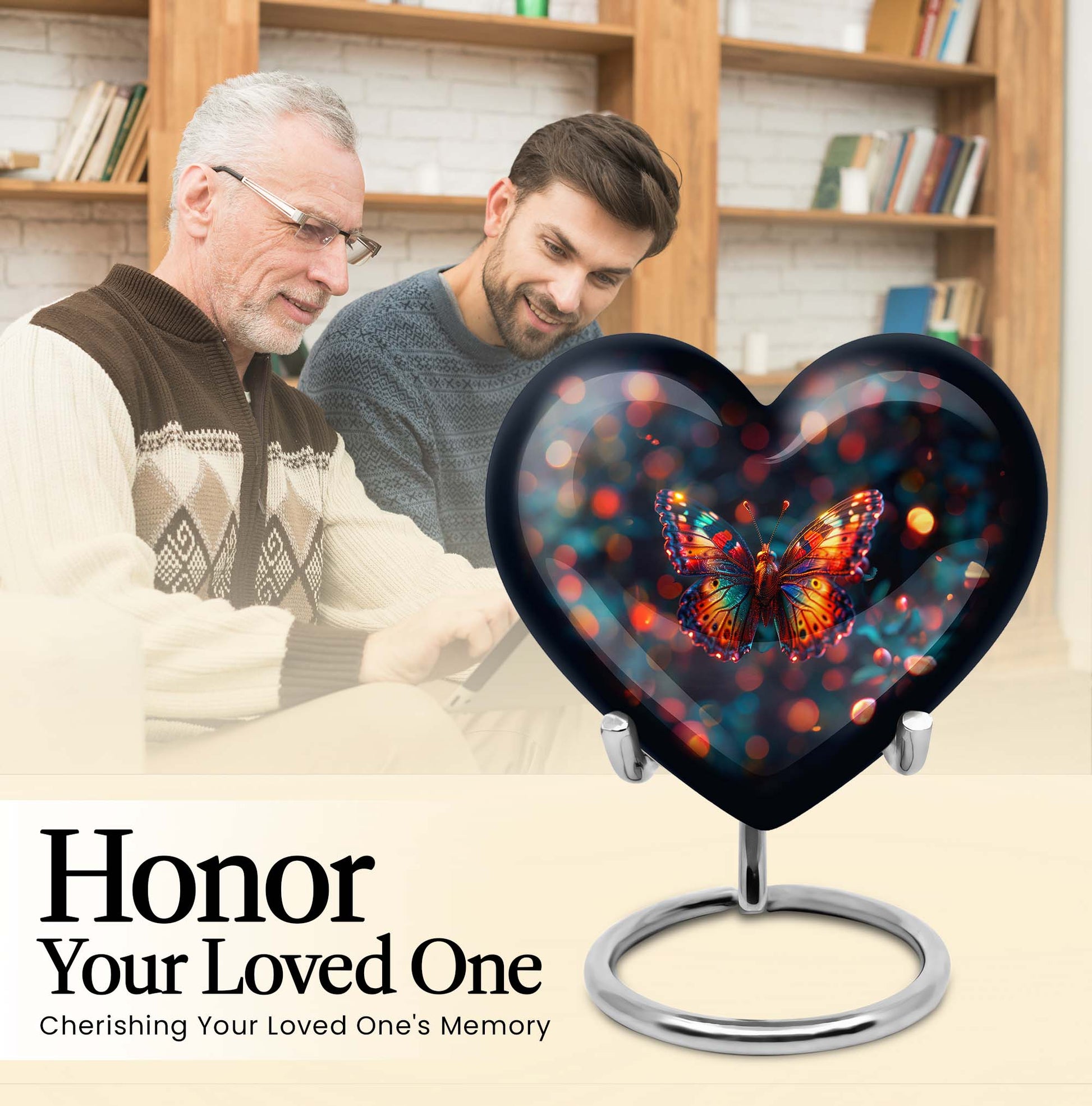 Heart-shaped Butterfly Urn for adult female ashes, customizable, with a Wolf Howling theme