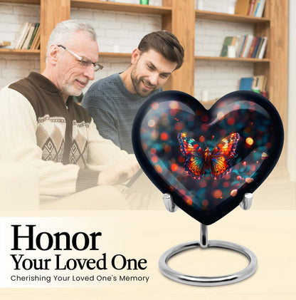 Heart-shaped Butterfly Urn for adult female ashes, customizable, with a Wolf Howling theme