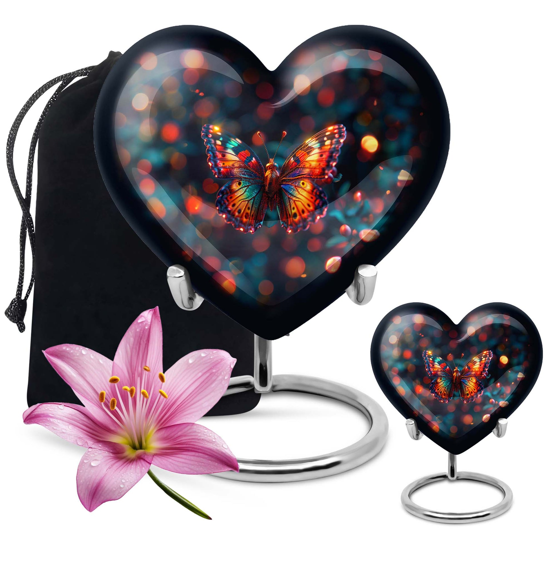 Heart-shaped Butterfly Urn for adult female ashes, customizable, with a Wolf Howling theme