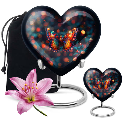 Heart-shaped Butterfly Urn for adult female ashes, customizable, with a Wolf Howling theme