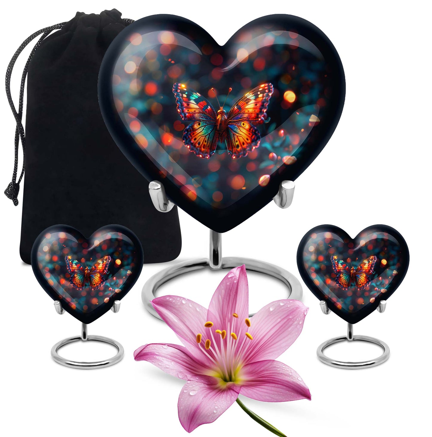 Heart-shaped Butterfly Urn for adult female ashes, customizable, with a Wolf Howling theme
