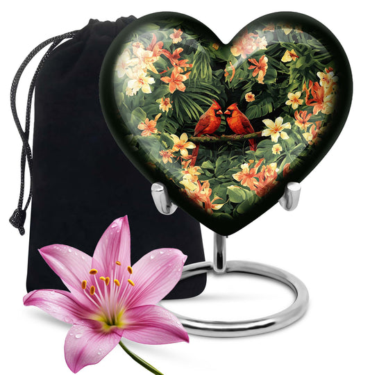 10-inch Adult Cardinal bird Heart Urn, Wolf Howling theme, includes velvet pouch