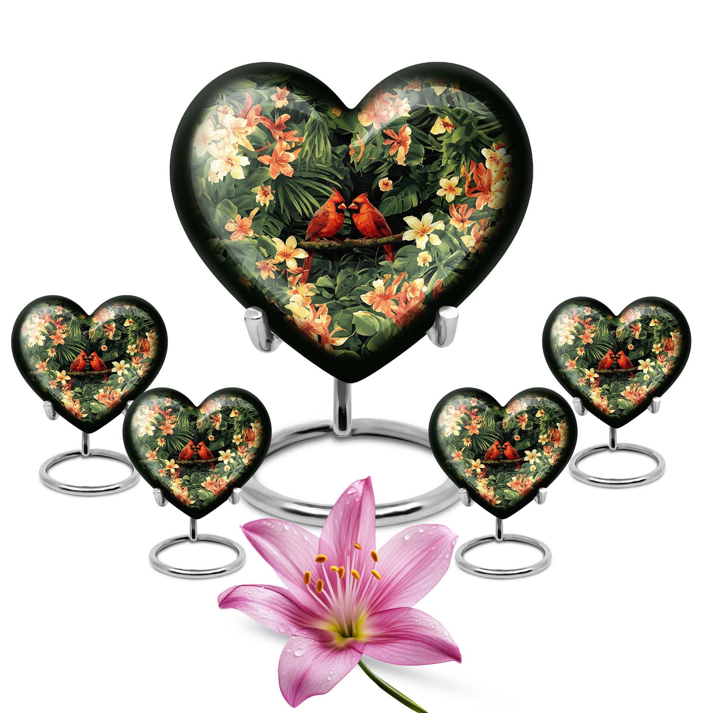 10-inch Adult Cardinal bird Heart Urn, Wolf Howling theme, includes velvet pouch