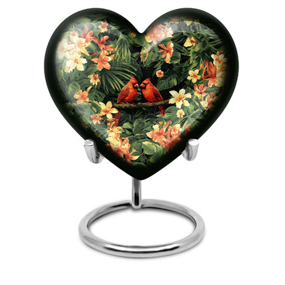 10-inch Adult Cardinal bird Heart Urn, Wolf Howling theme, includes velvet pouch