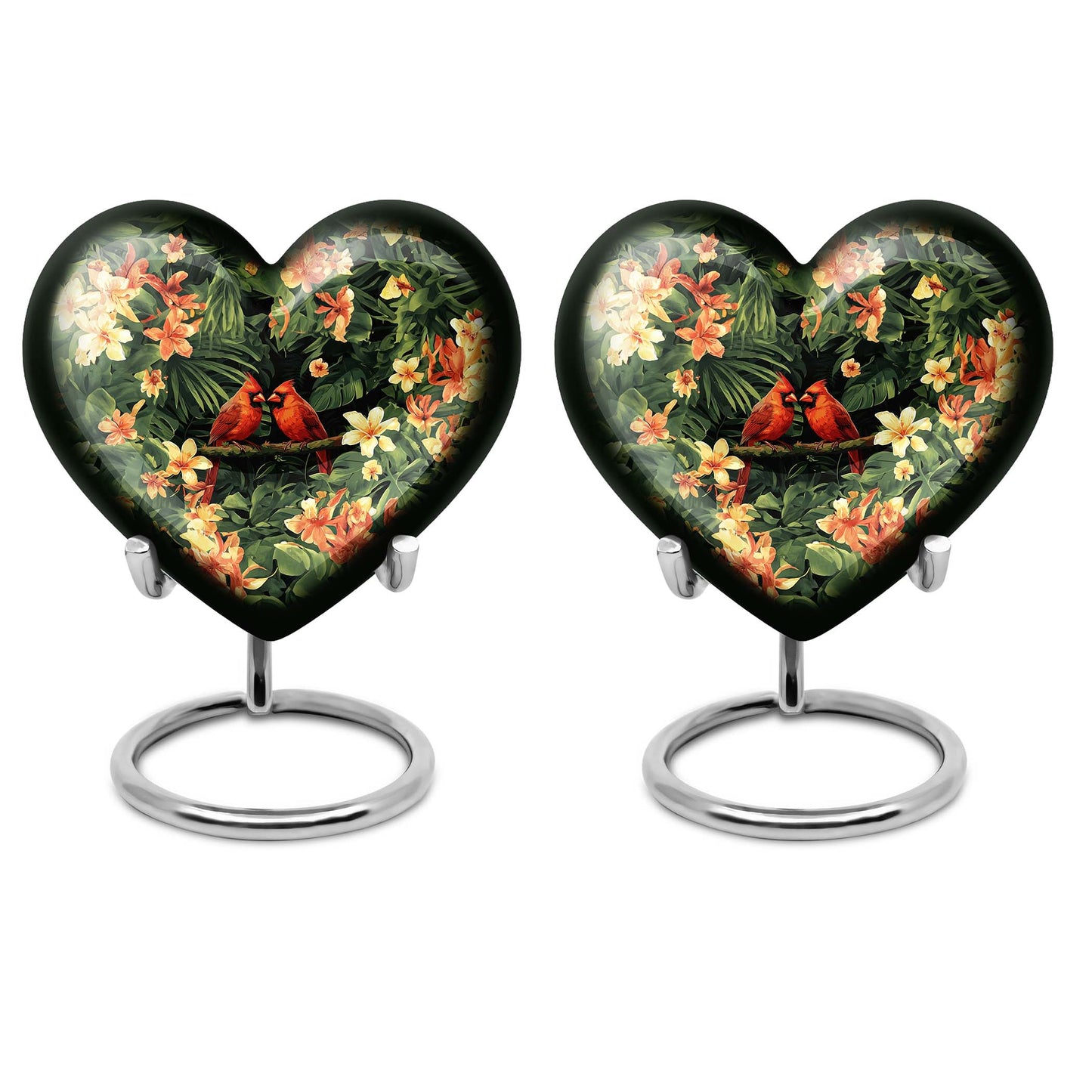 10-inch Adult Cardinal bird Heart Urn, Wolf Howling theme, includes velvet pouch