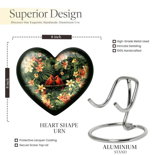 10-inch Adult Cardinal bird Heart Urn, Wolf Howling theme, includes velvet pouch
