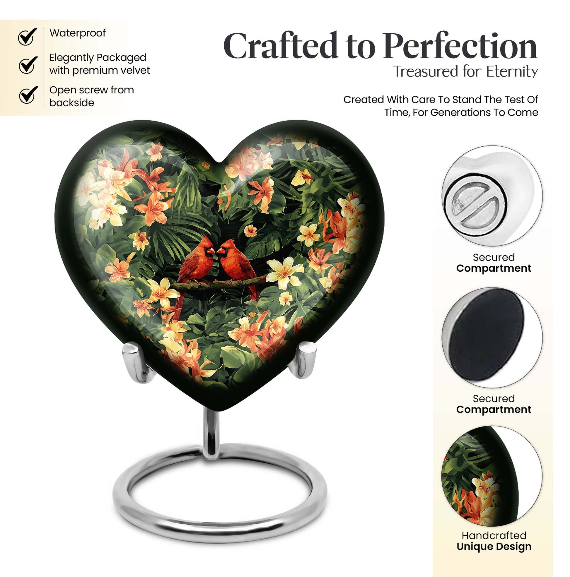 10-inch Adult Cardinal bird Heart Urn, Wolf Howling theme, includes velvet pouch