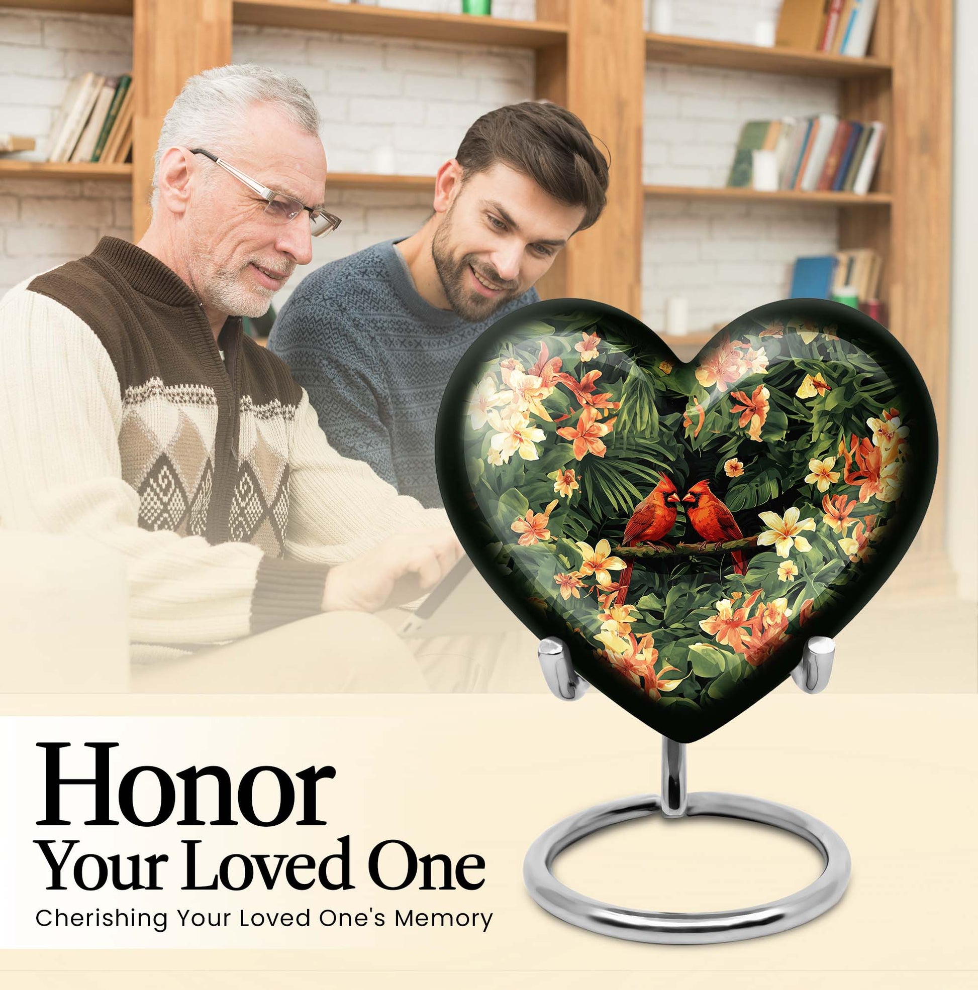 10-inch Adult Cardinal bird Heart Urn, Wolf Howling theme, includes velvet pouch