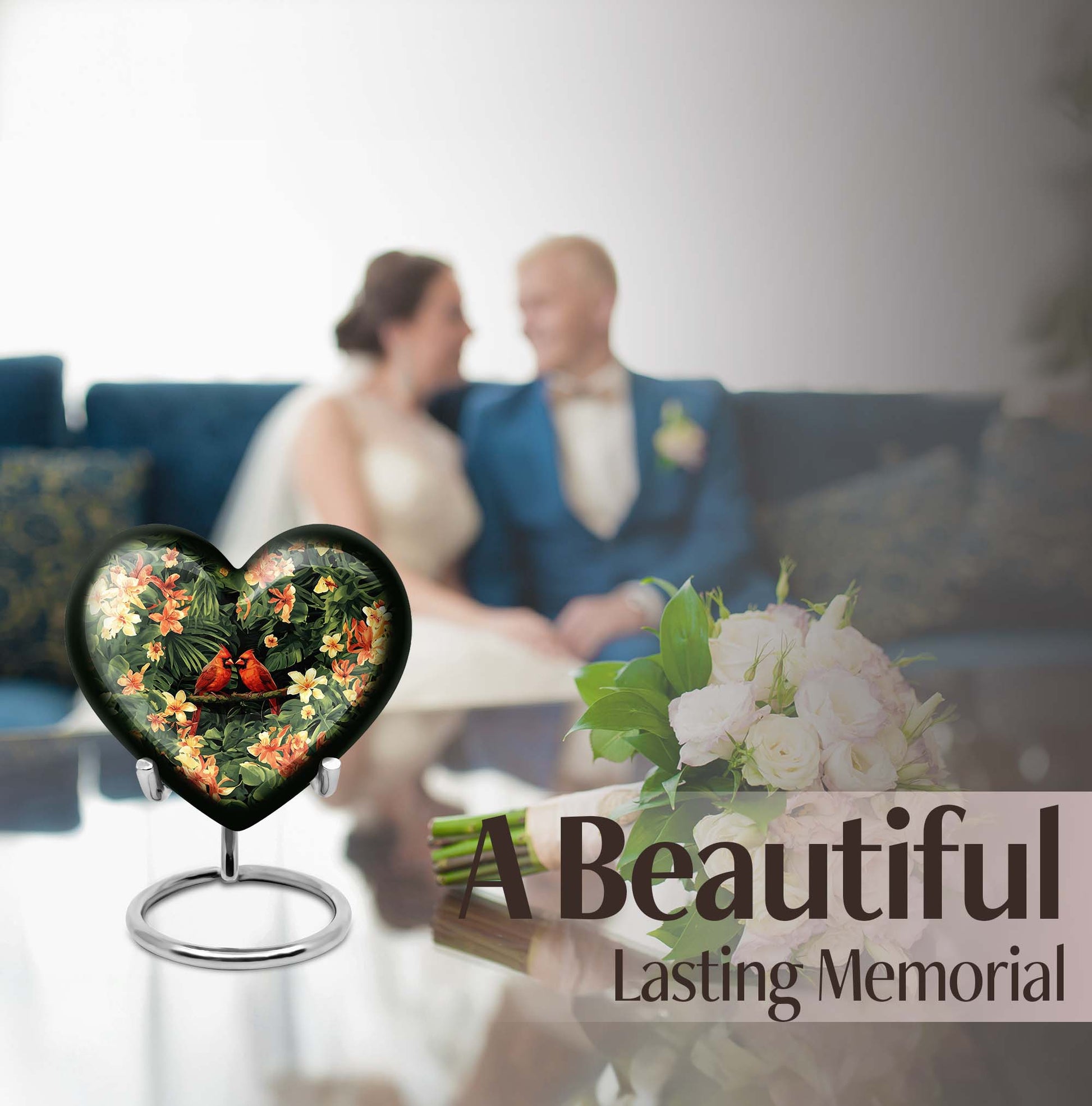 10-inch Adult Cardinal bird Heart Urn, Wolf Howling theme, includes velvet pouch