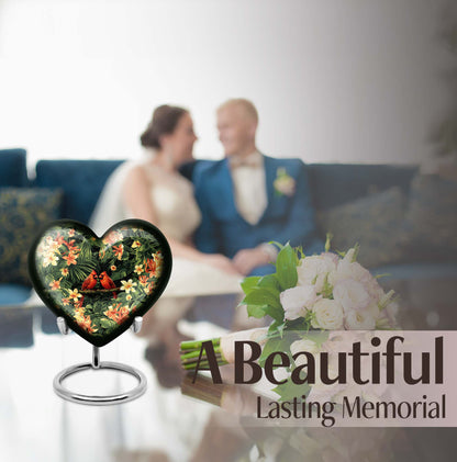 10-inch Adult Cardinal bird Heart Urn, Wolf Howling theme, includes velvet pouch
