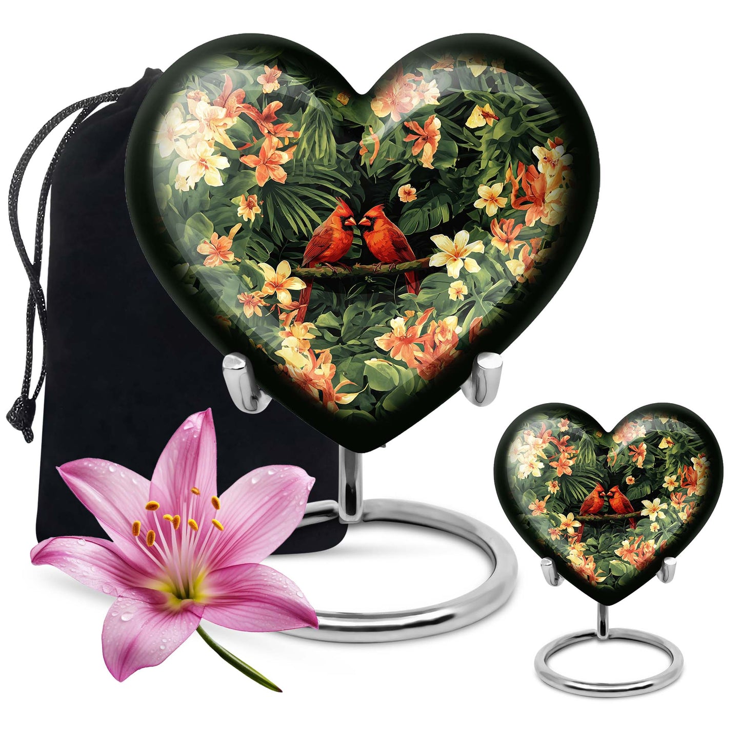 10-inch Adult Cardinal bird Heart Urn, Wolf Howling theme, includes velvet pouch
