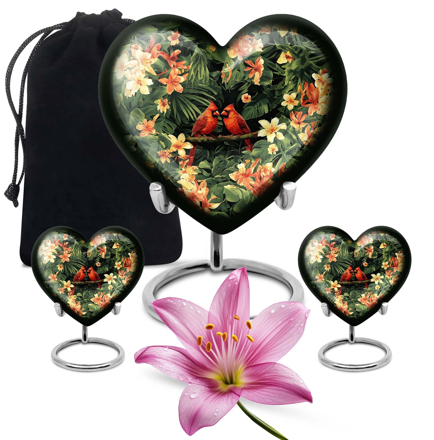 10-inch Adult Cardinal bird Heart Urn, Wolf Howling theme, includes velvet pouch