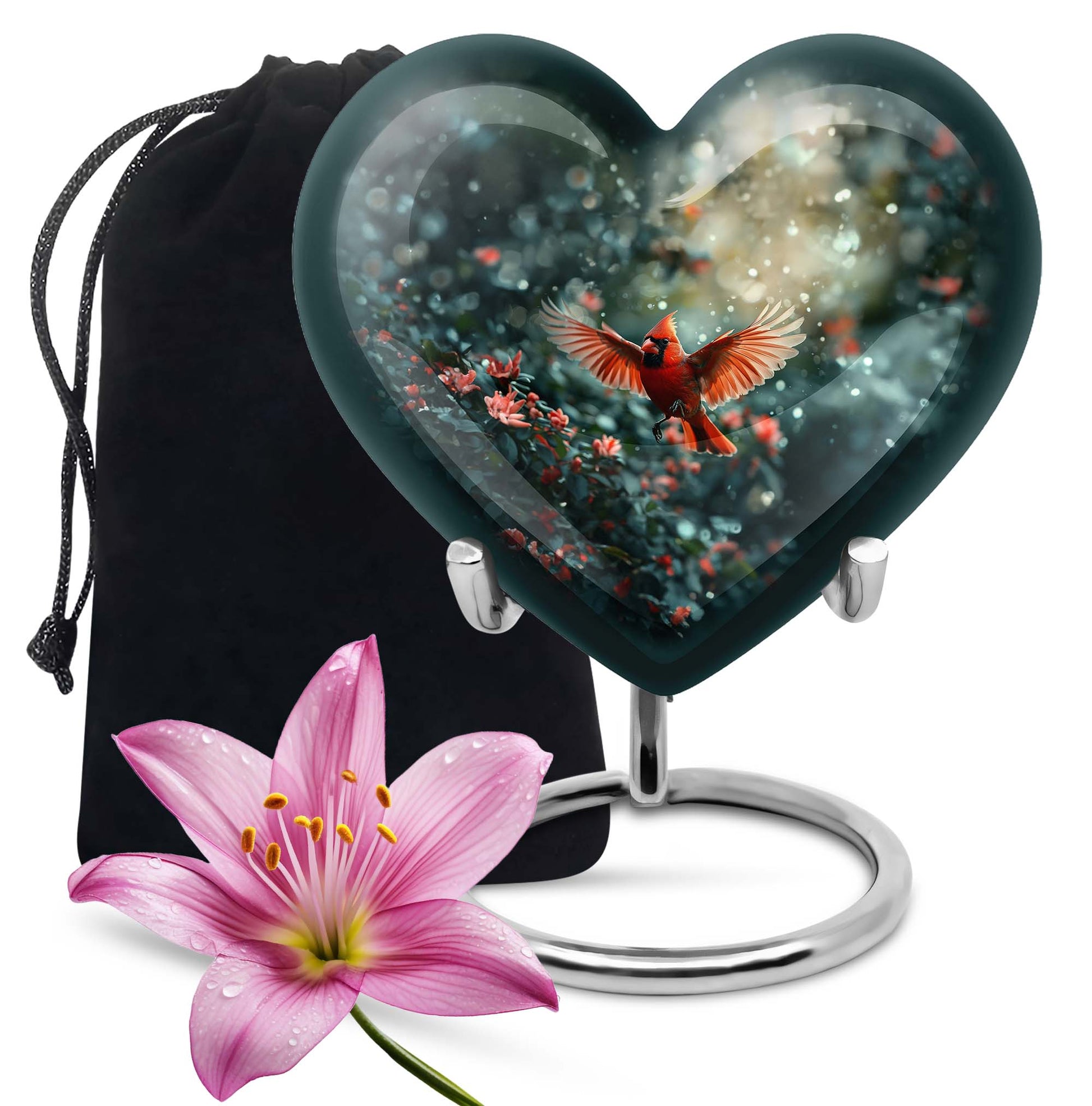 10 Inch Cardinal Bird Heart Memorial Urn for Male, Wolf Howling Theme, Comes with Velvet Pouch