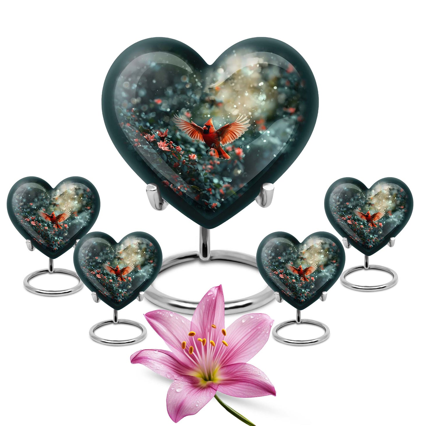 10 Inch Cardinal Bird Heart Memorial Urn for Male, Wolf Howling Theme, Comes with Velvet Pouch