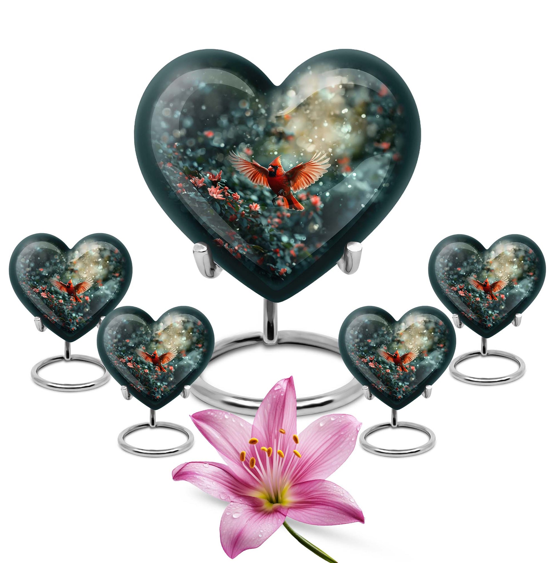 10 Inch Cardinal Bird Heart Memorial Urn for Male, Wolf Howling Theme, Comes with Velvet Pouch