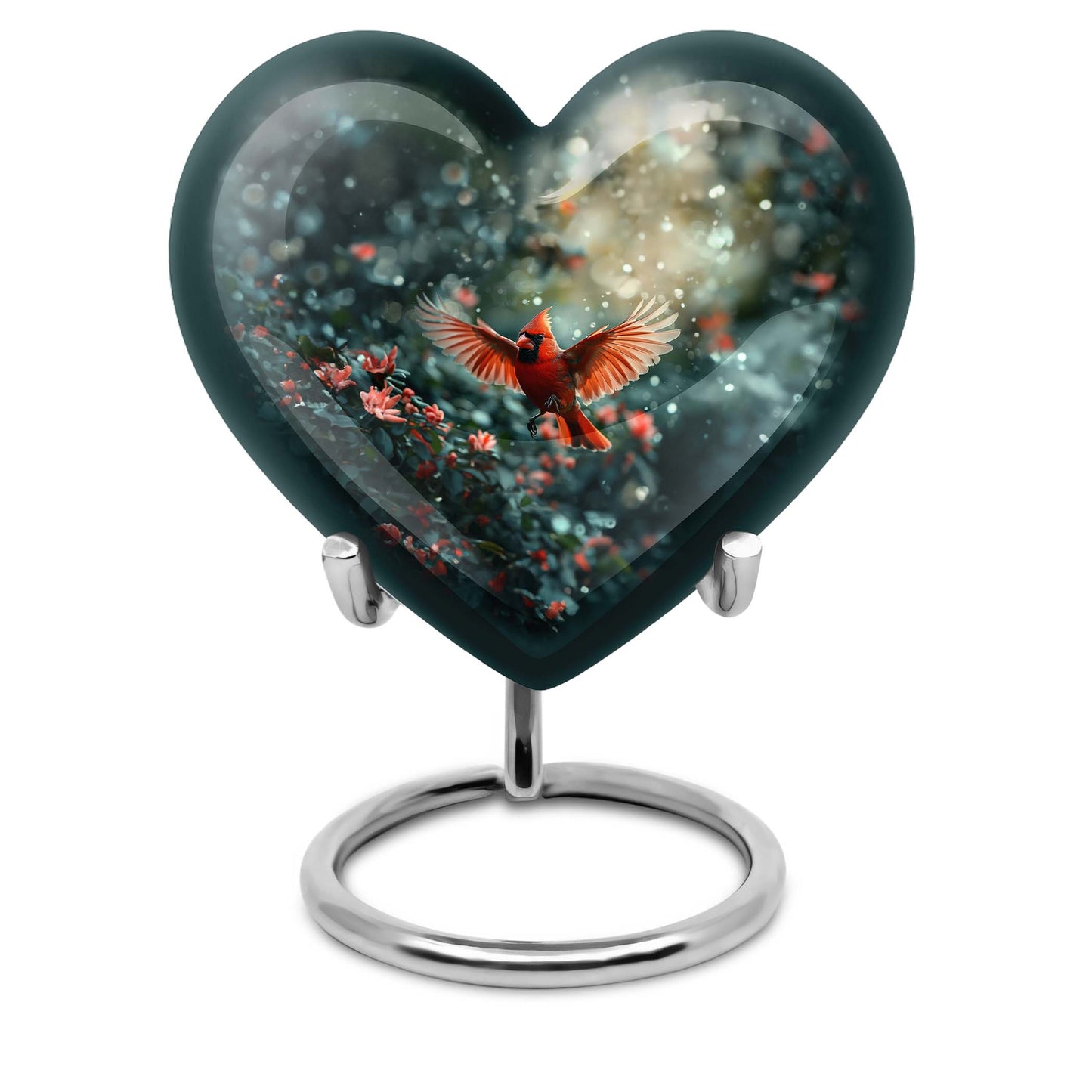 10 Inch Cardinal Bird Heart Memorial Urn for Male, Wolf Howling Theme, Comes with Velvet Pouch
