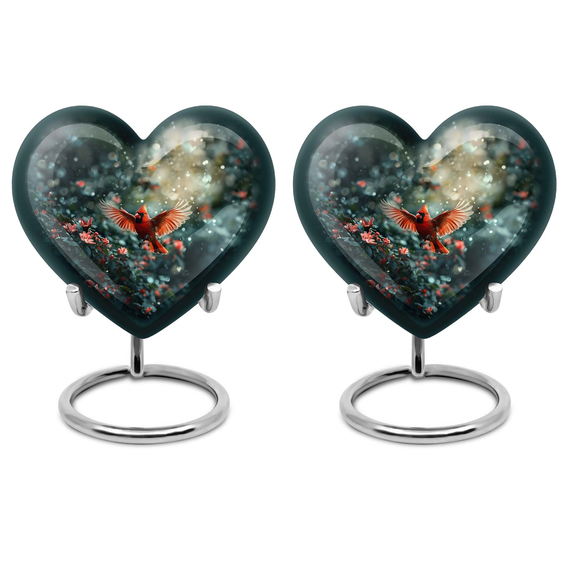 10 Inch Cardinal Bird Heart Memorial Urn for Male, Wolf Howling Theme, Comes with Velvet Pouch