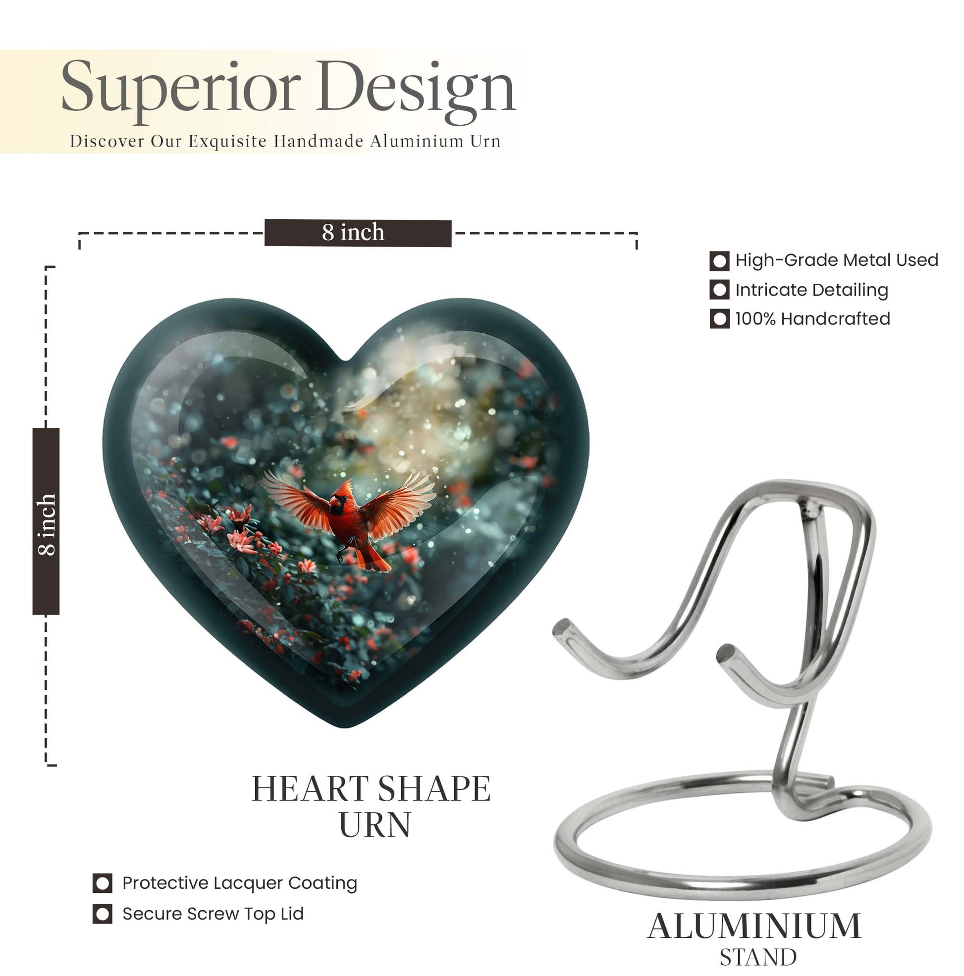 10 Inch Cardinal Bird Heart Memorial Urn for Male, Wolf Howling Theme, Comes with Velvet Pouch