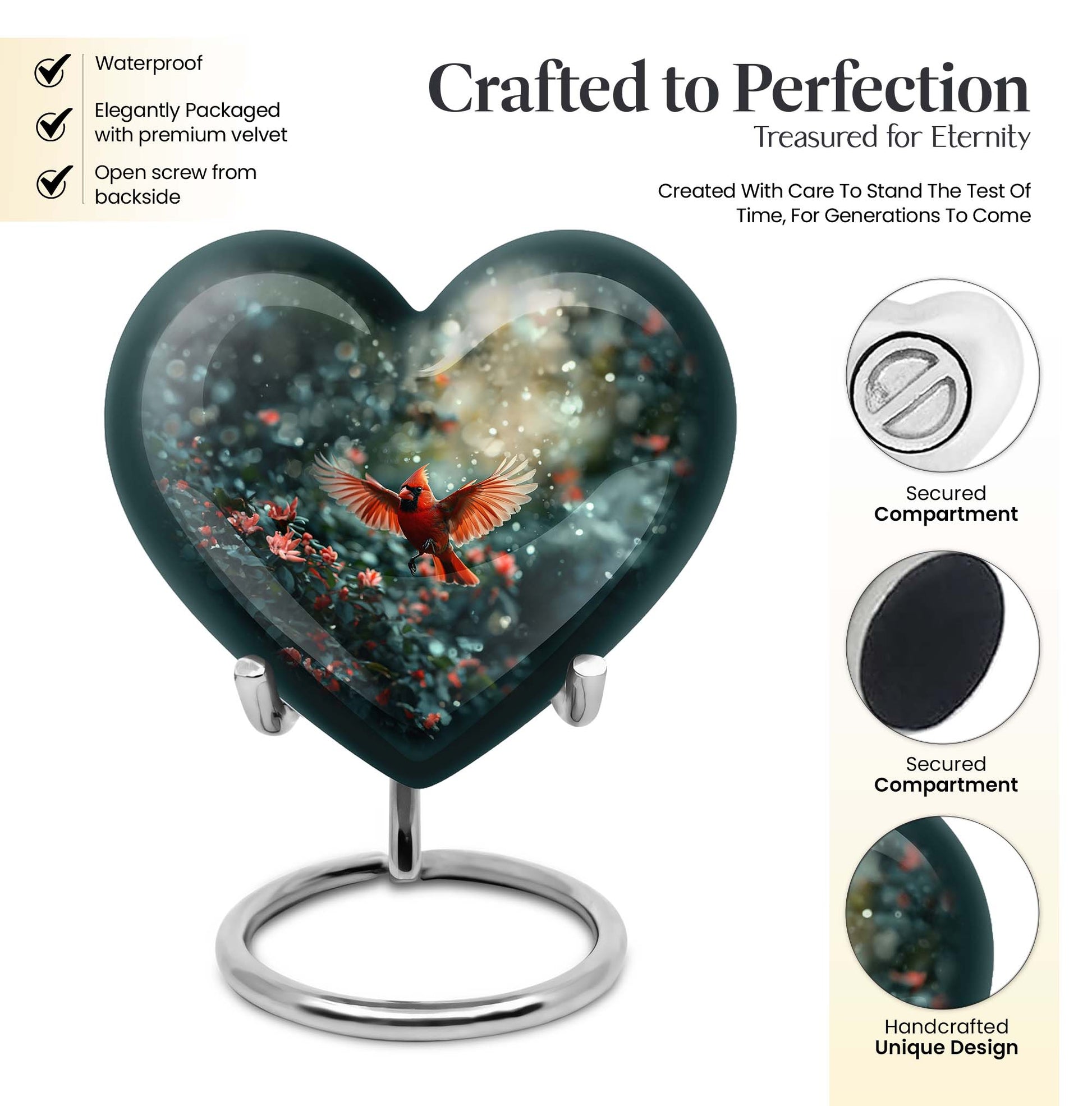 10 Inch Cardinal Bird Heart Memorial Urn for Male, Wolf Howling Theme, Comes with Velvet Pouch