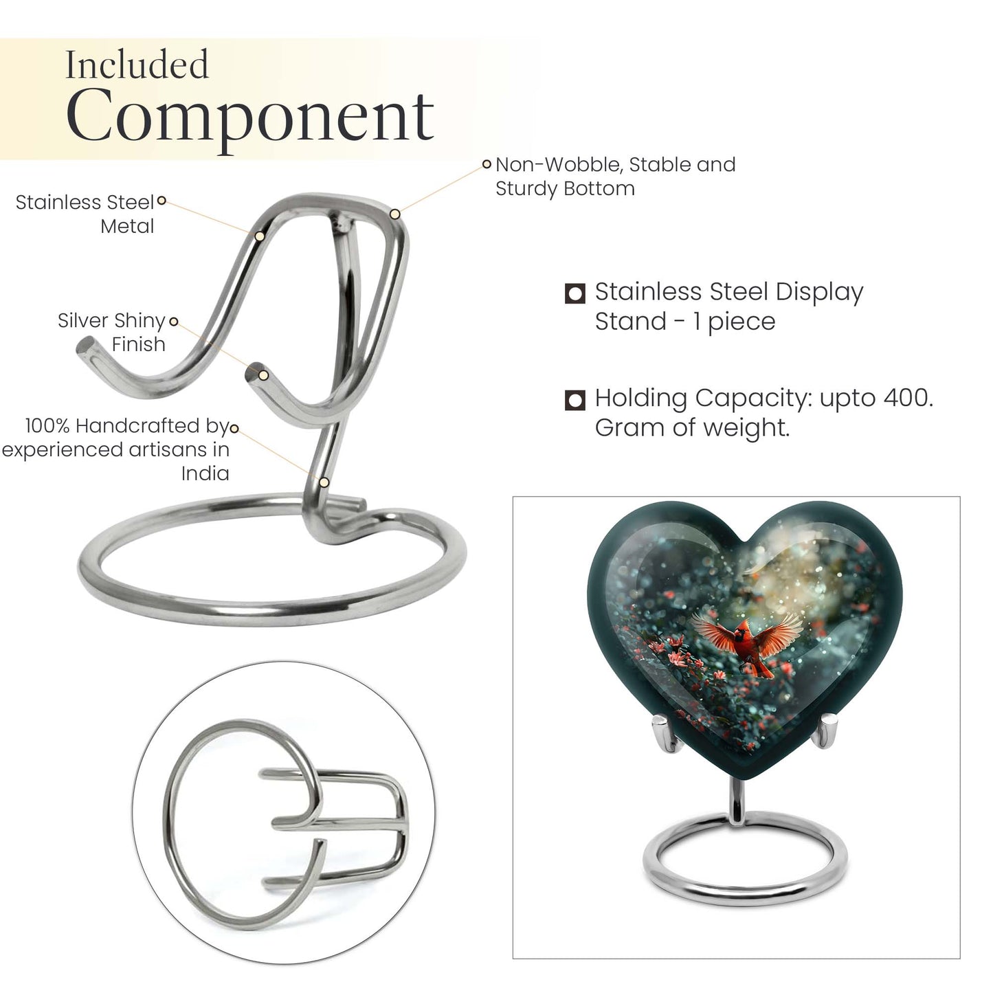 10 Inch Cardinal Bird Heart Memorial Urn for Male, Wolf Howling Theme, Comes with Velvet Pouch