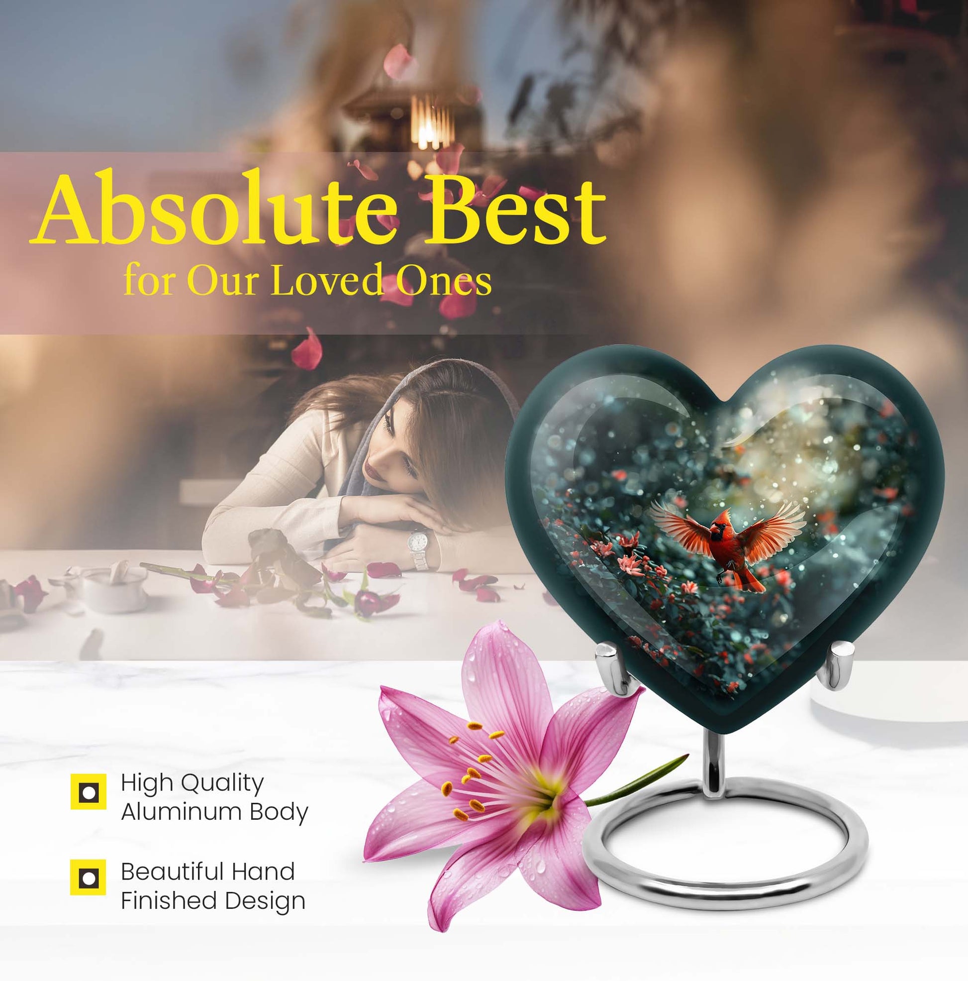 10 Inch Cardinal Bird Heart Memorial Urn for Male, Wolf Howling Theme, Comes with Velvet Pouch