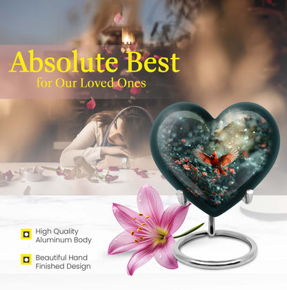 10 Inch Cardinal Bird Heart Memorial Urn for Male, Wolf Howling Theme, Comes with Velvet Pouch