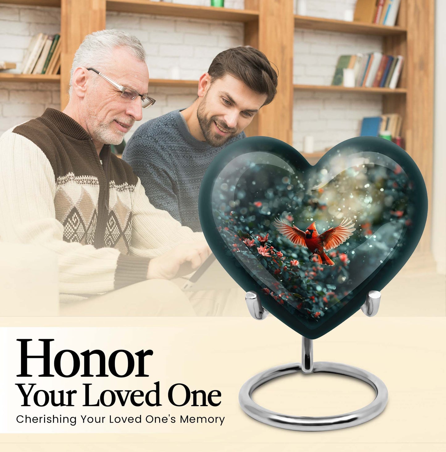 10 Inch Cardinal Bird Heart Memorial Urn for Male, Wolf Howling Theme, Comes with Velvet Pouch