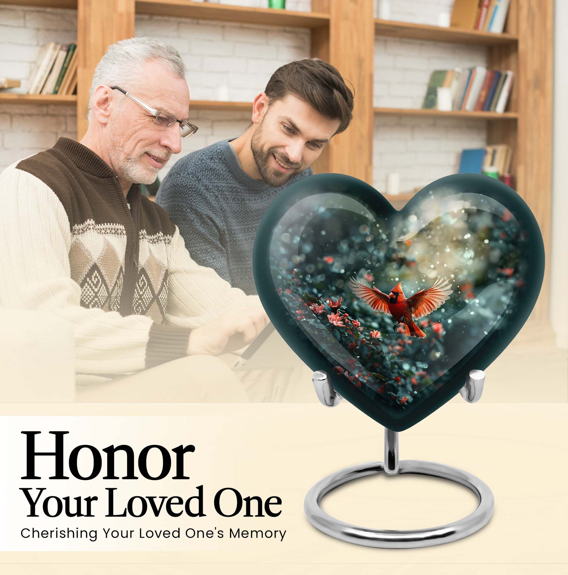 10 Inch Cardinal Bird Heart Memorial Urn for Male, Wolf Howling Theme, Comes with Velvet Pouch