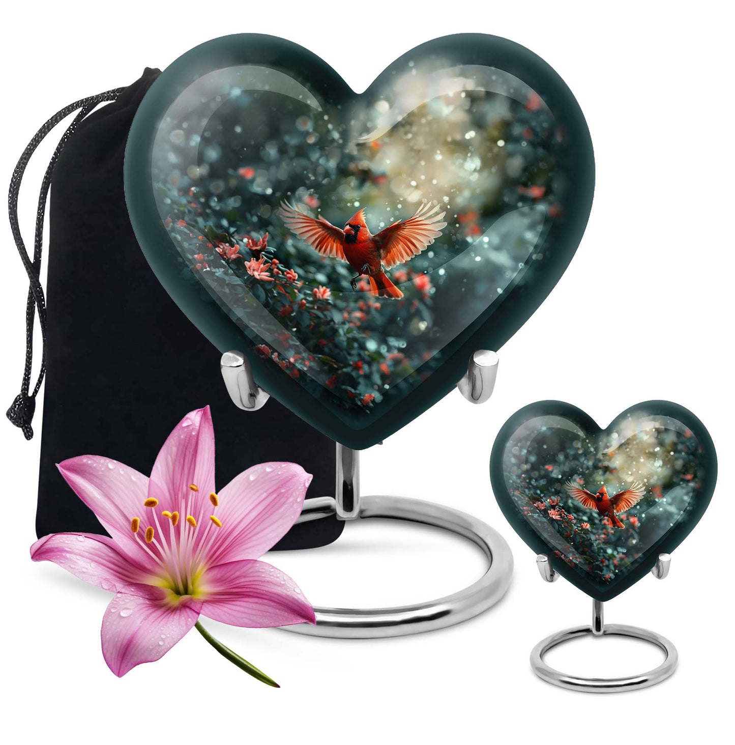 10 Inch Cardinal Bird Heart Memorial Urn for Male, Wolf Howling Theme, Comes with Velvet Pouch