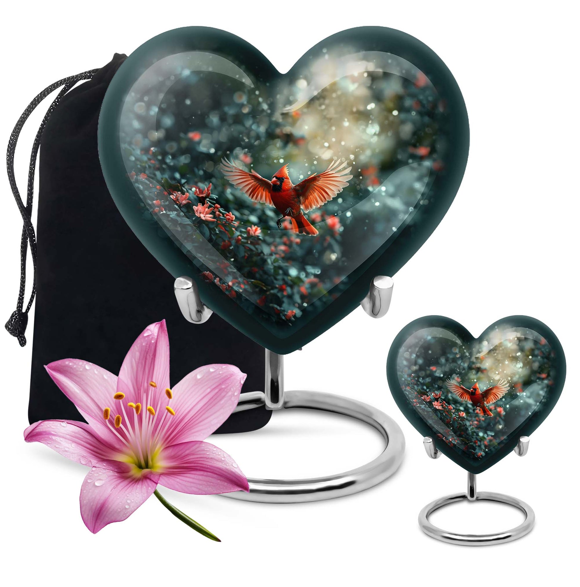 10 Inch Cardinal Bird Heart Memorial Urn for Male, Wolf Howling Theme, Comes with Velvet Pouch