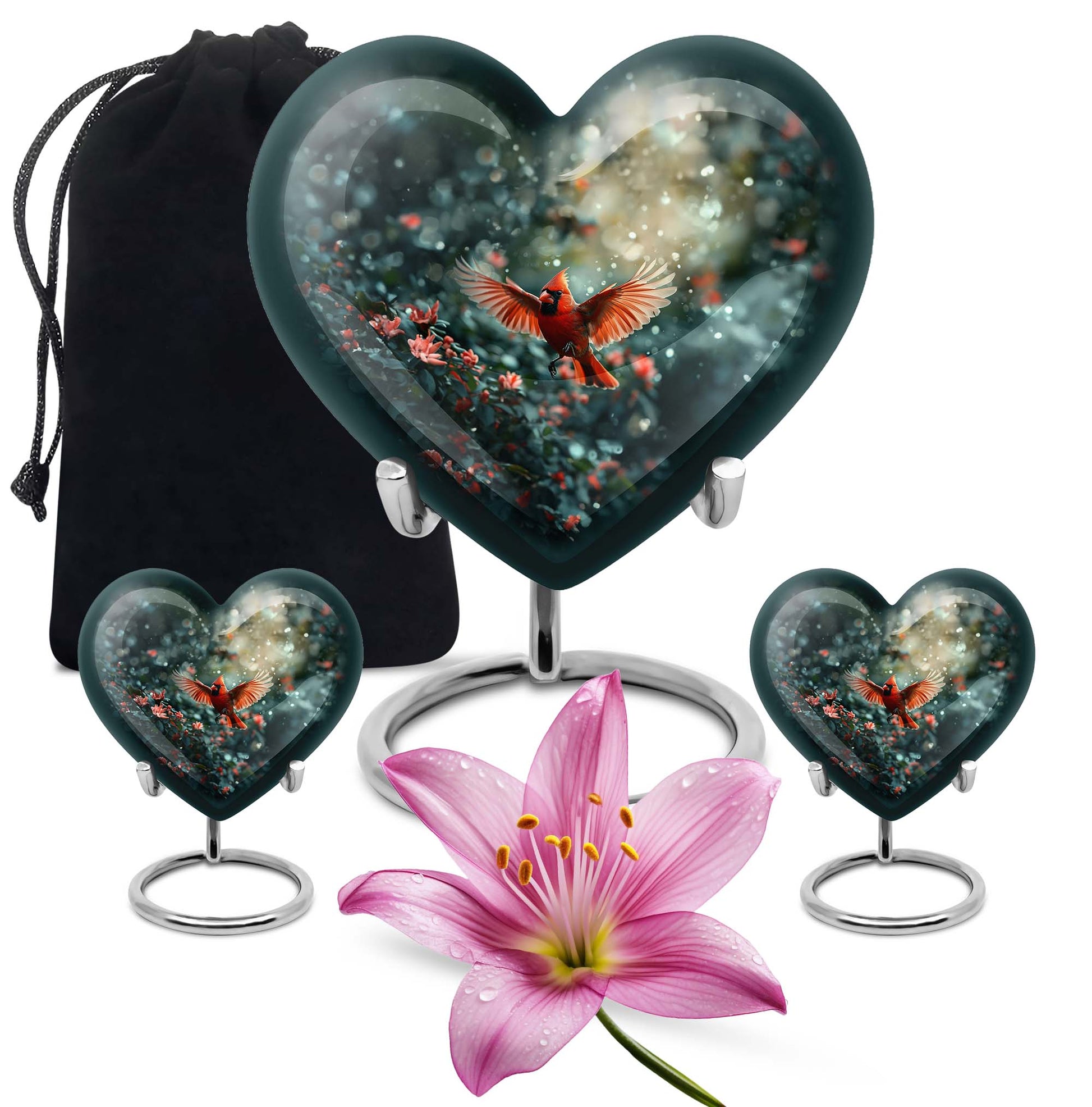 10 Inch Cardinal Bird Heart Memorial Urn for Male, Wolf Howling Theme, Comes with Velvet Pouch