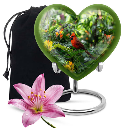 10-inch cardinal bird-themed heart urn for human ashes,