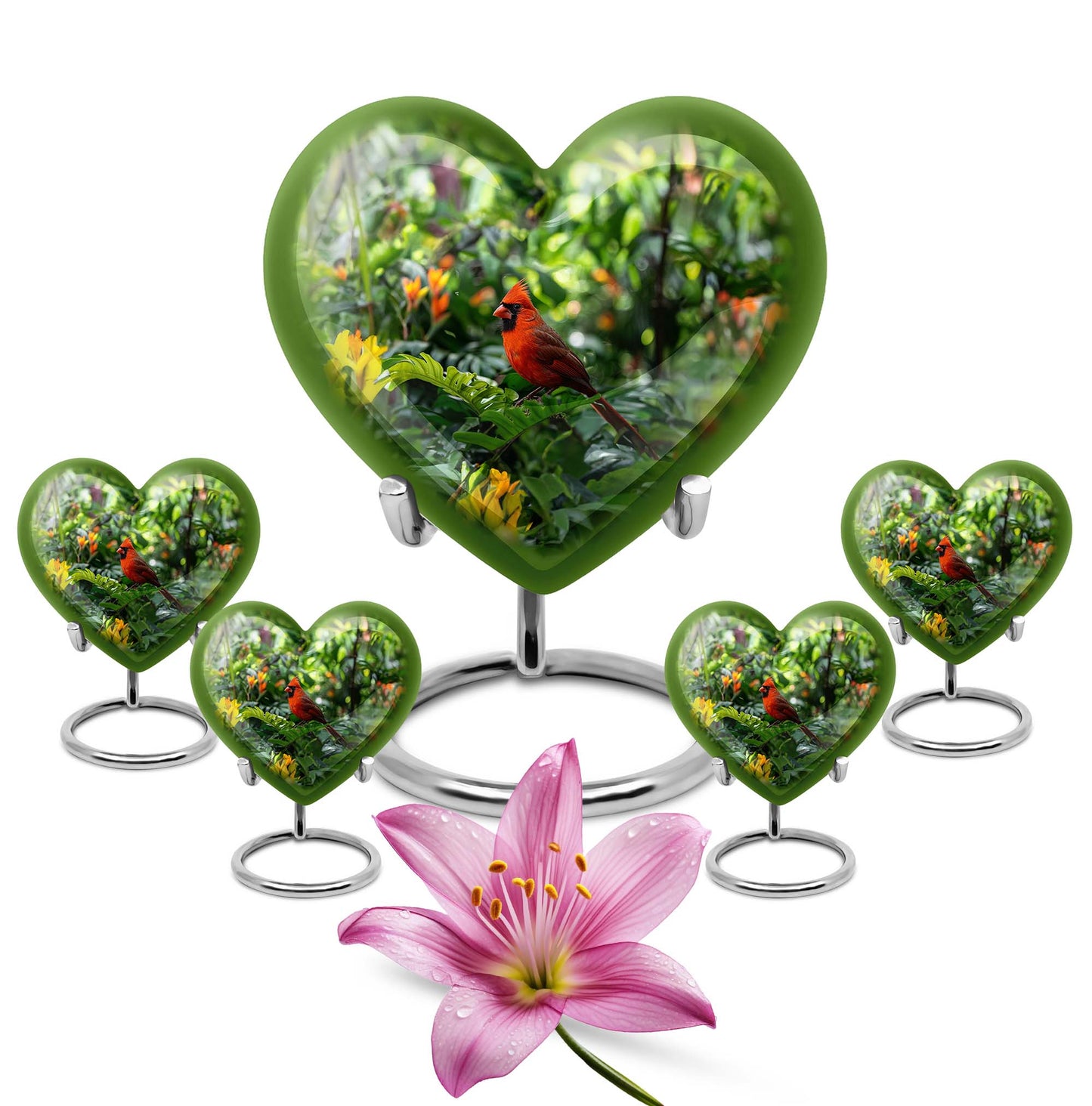 10-inch cardinal bird-themed heart urn for human ashes,