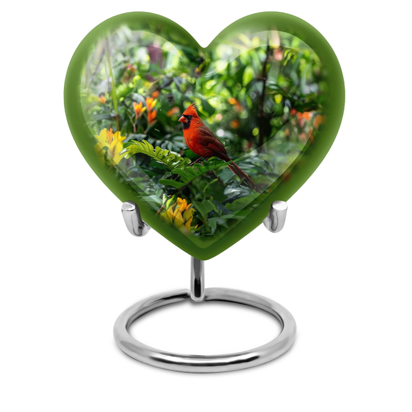 10-inch cardinal bird-themed heart urn for human ashes,