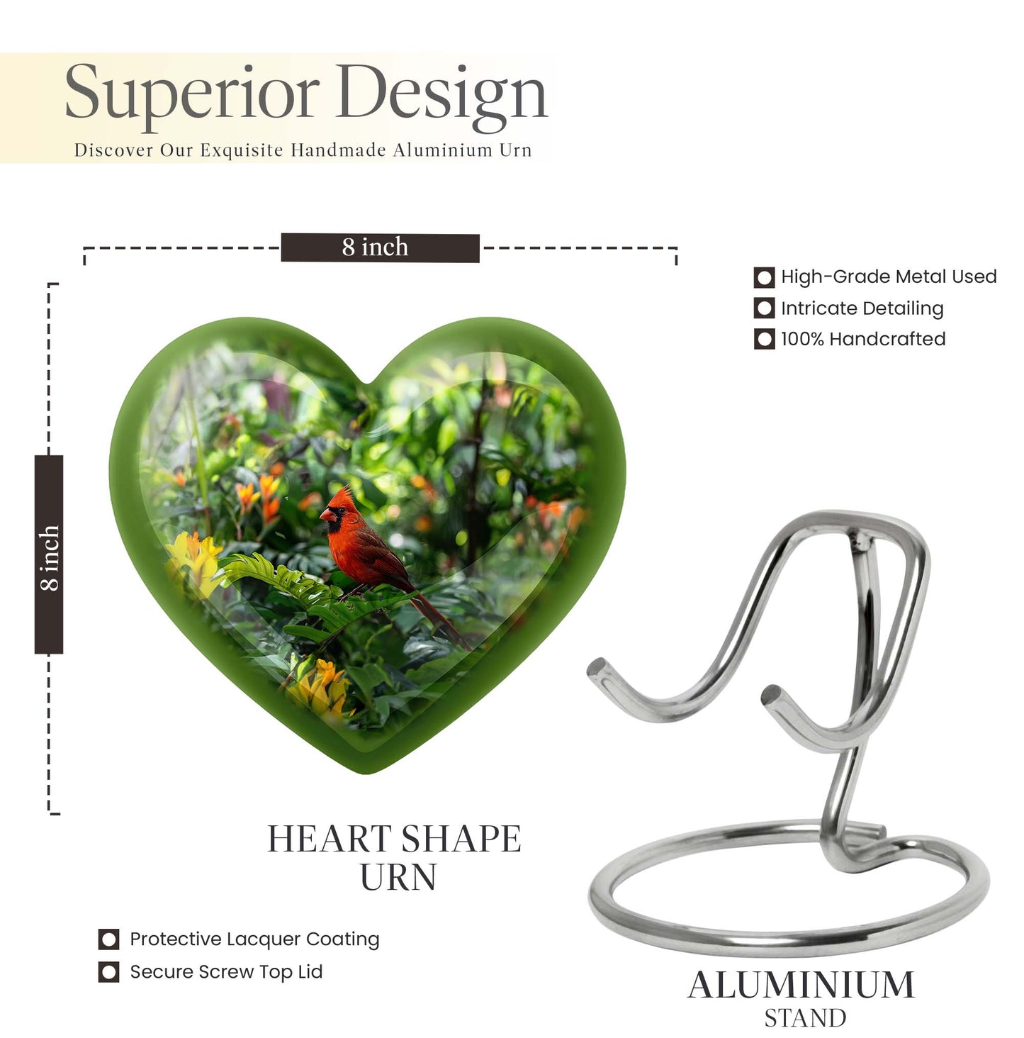 10-inch cardinal bird-themed heart urn for human ashes,