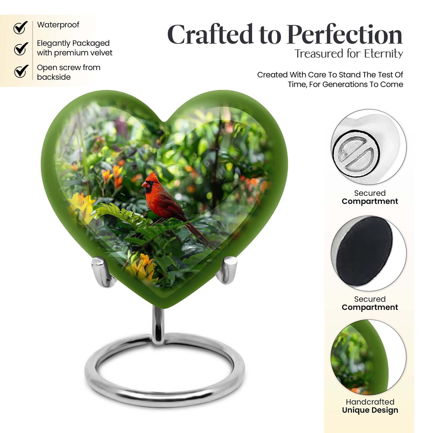 10-inch cardinal bird-themed heart urn for human ashes,