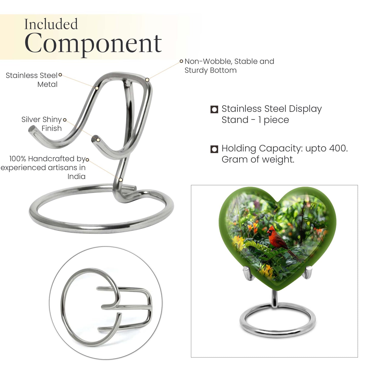 10-inch cardinal bird-themed heart urn for human ashes,