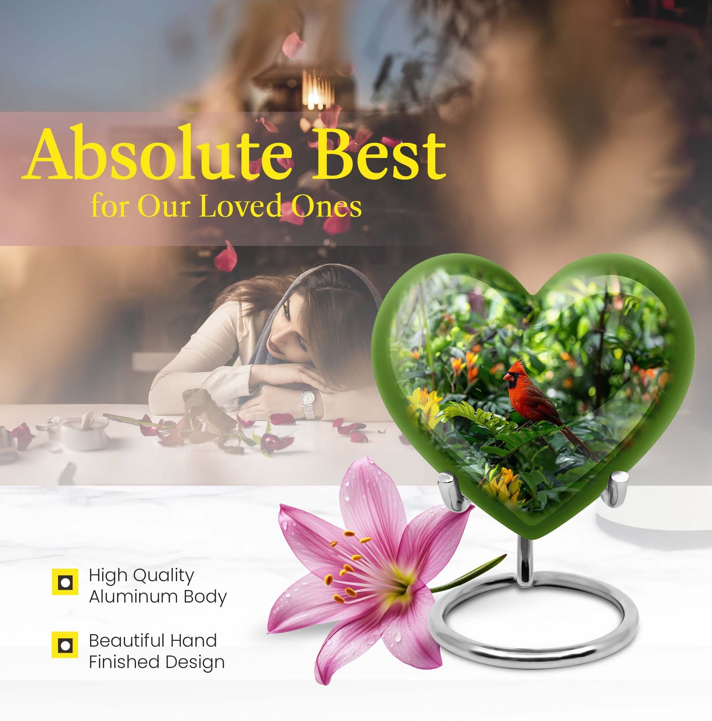 10-inch cardinal bird-themed heart urn for human ashes,