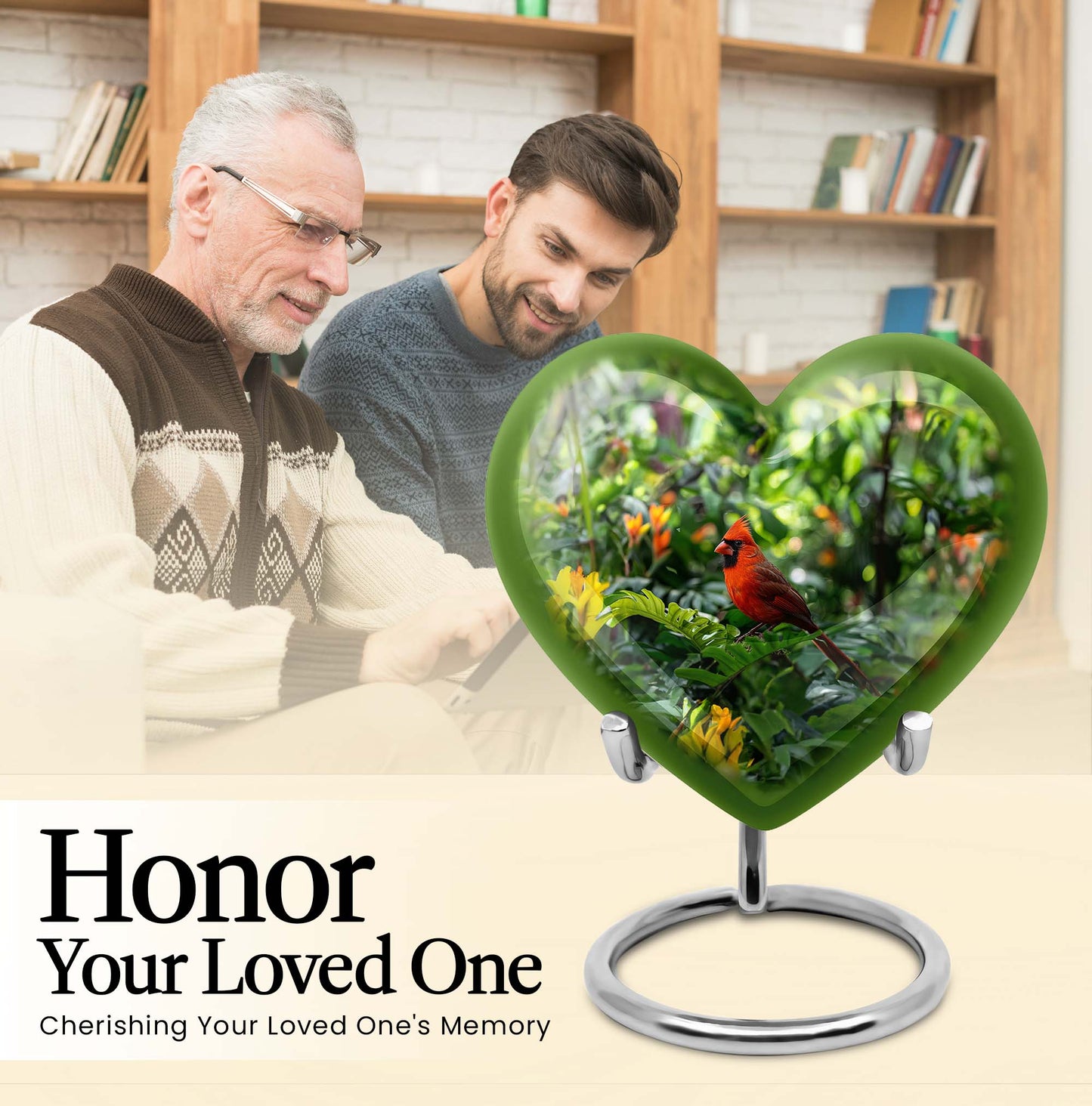 10-inch cardinal bird-themed heart urn for human ashes,