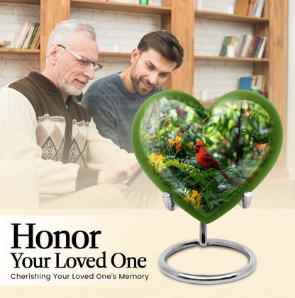 10-inch cardinal bird-themed heart urn for human ashes,