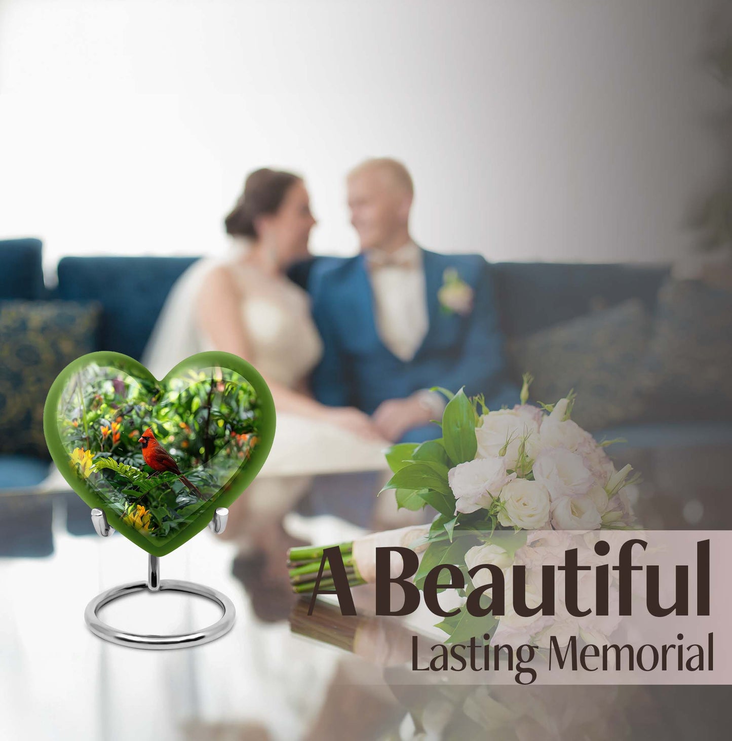 10-inch cardinal bird-themed heart urn for human ashes,