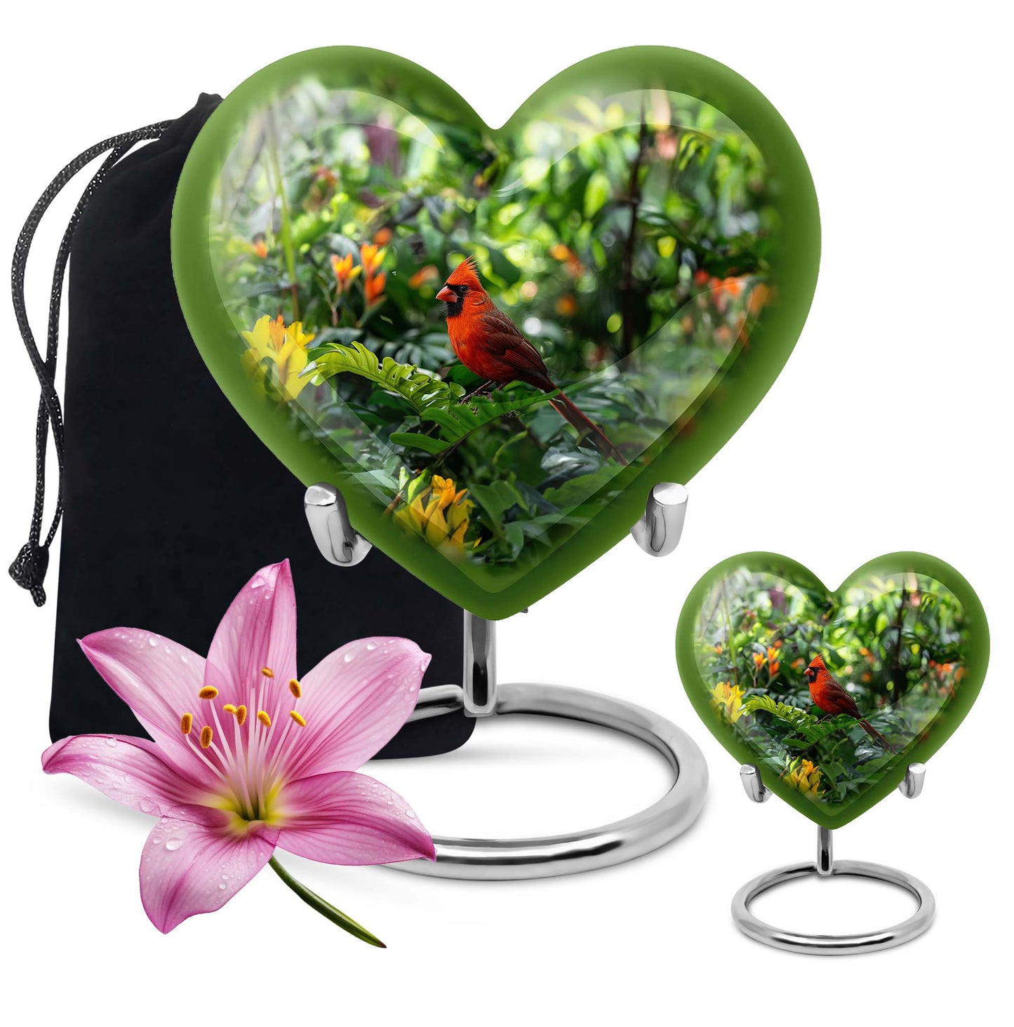 10-inch cardinal bird-themed heart urn for human ashes,