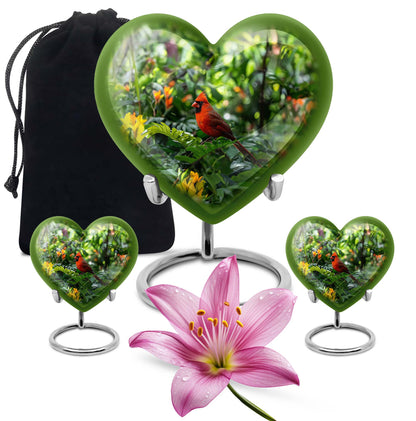 10-inch cardinal bird-themed heart urn for human ashes,