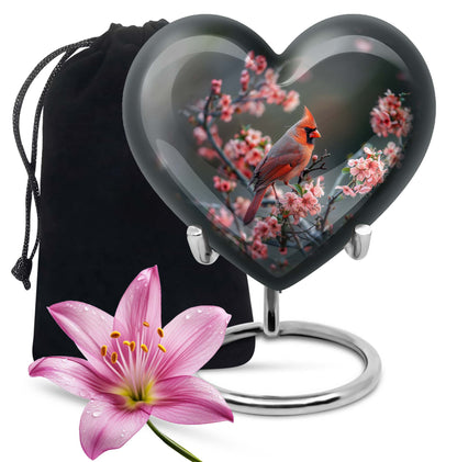 Heart-shaped Cardinal bird Memorial Urn