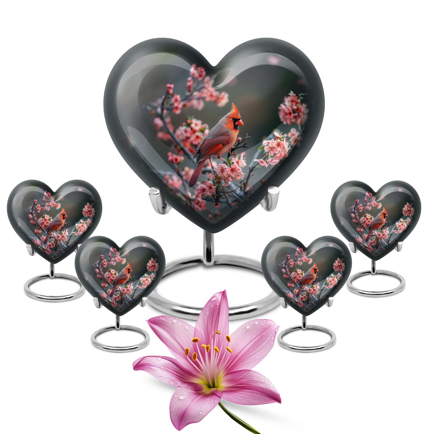 Heart-shaped Cardinal bird Memorial Urn