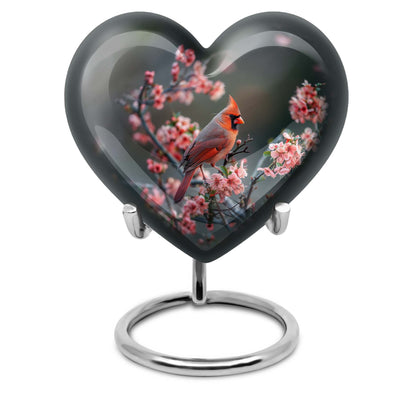 Heart-shaped Cardinal bird Memorial Urn