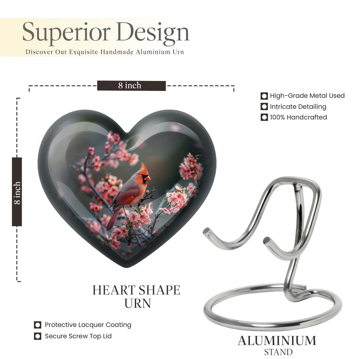 Heart-shaped Cardinal bird Memorial Urn