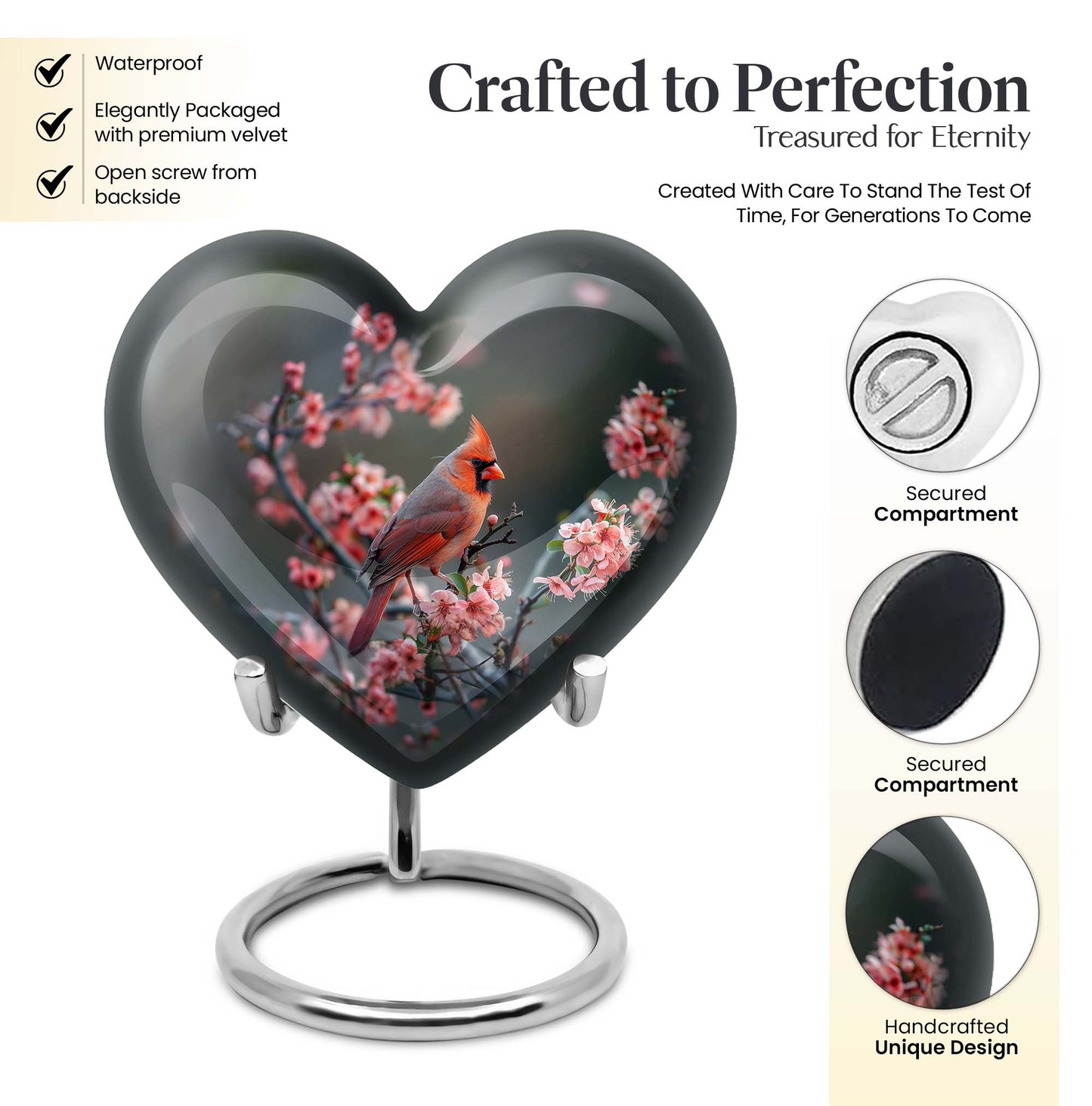 Heart-shaped Cardinal bird Memorial Urn