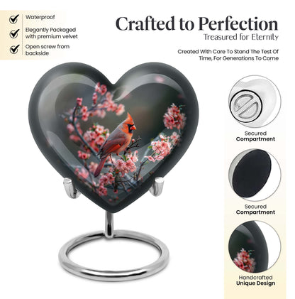 Heart-shaped Cardinal bird Memorial Urn