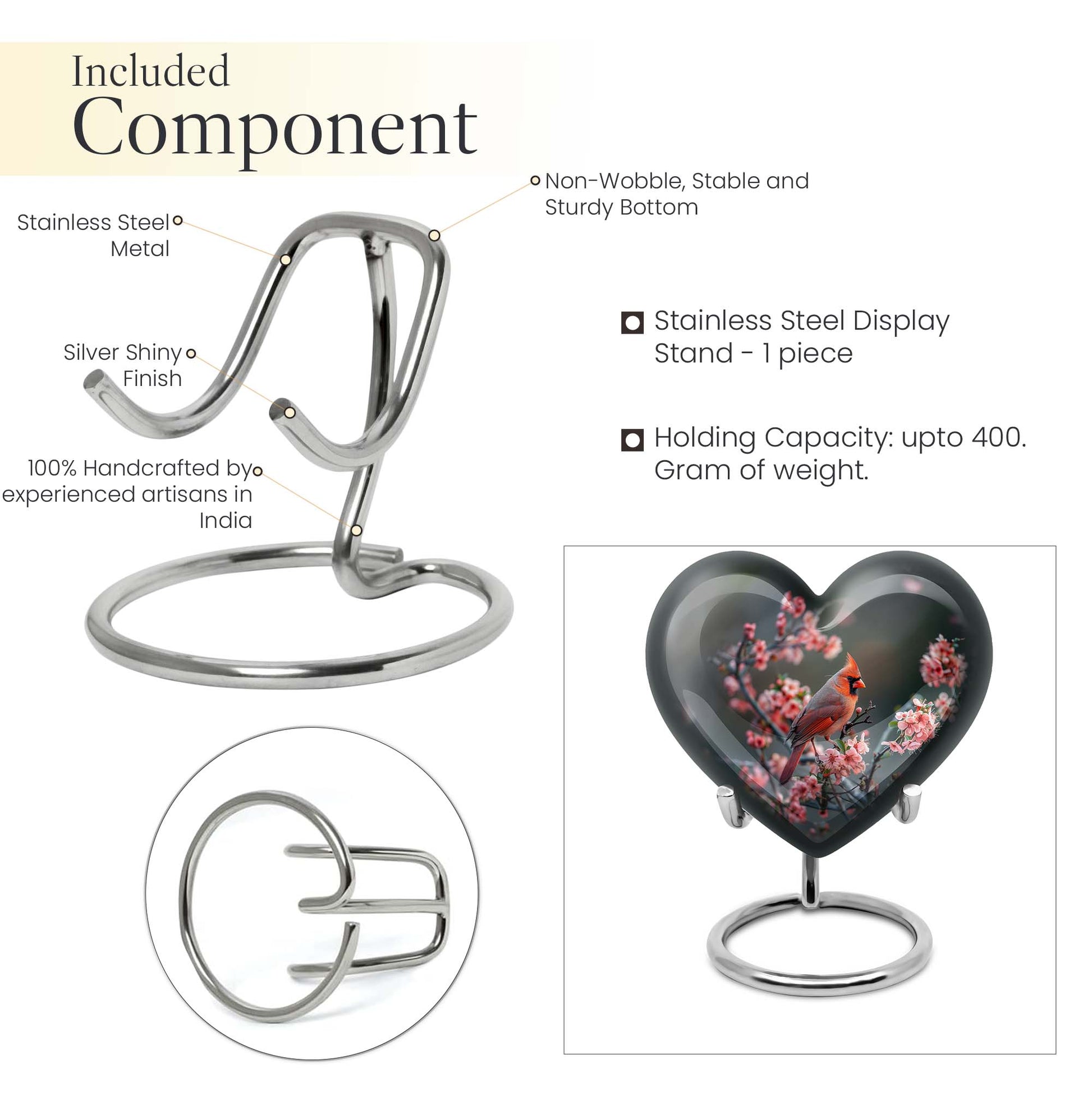 Heart-shaped Cardinal bird Memorial Urn
